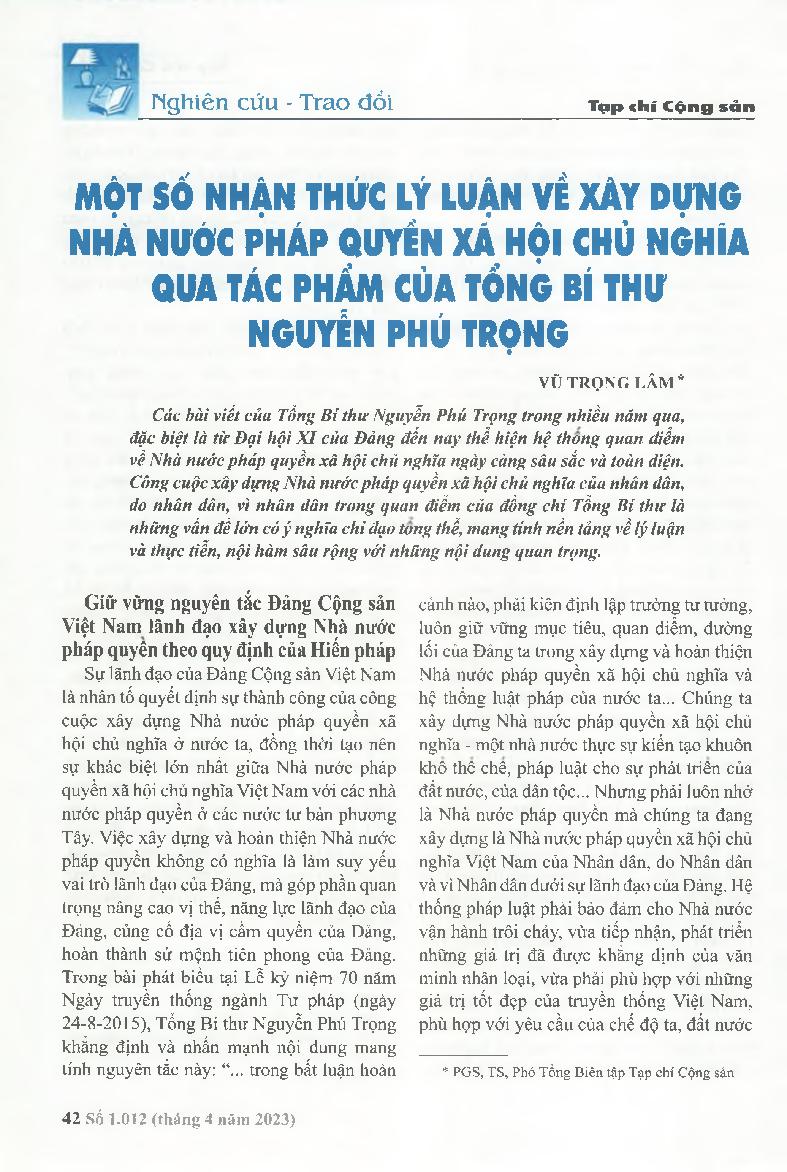 Một số nhận thức lý luận về xây dựng Nhà nước pháp quyền xã hội chủ nghĩa qua tác phẩm của Tổng Bí thư Nguyễn Phú Trọng