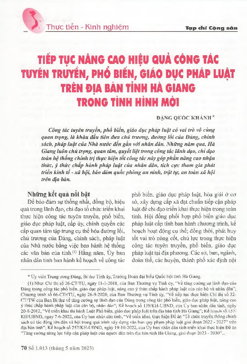 Tiếp tục nâng cao hiệu quả công tác tuyên truyền, phổ biến, giáo dục pháp luật trên địa bàn tỉnh Hà Giang trong tình hình mới