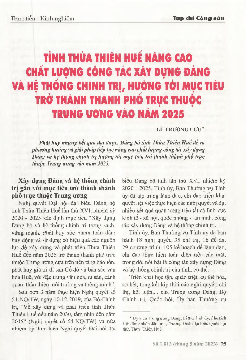 Tỉnh Thừa Thiên Huế nâng cao chất lượng công tác xây dựng Đảng và hệ thống chính trị, hướng tới mục tiêu trở thành thành phố trực thuộc Trung ương vào năm 2025