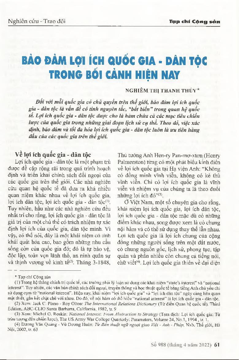 Bảo đảm lợi ích quốc gia - dân tộc trong bối cảnh hiện nay = Ensuring national interests - nation in the current context