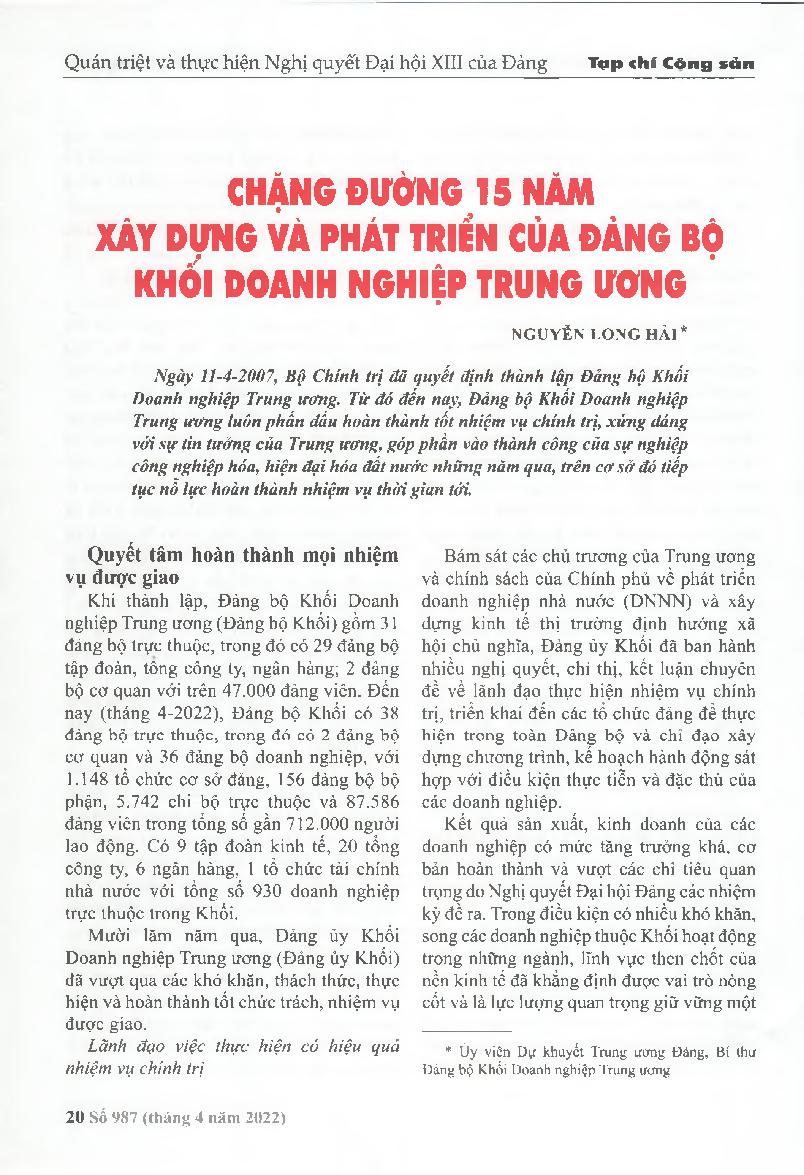 Chặng đường 15 năm xây dựng và phát triển của Đảng bộ Khối Doanh nghiệp Trung ương = The 15-year journey of construction and development of the Party Committee of the Central Business Sector