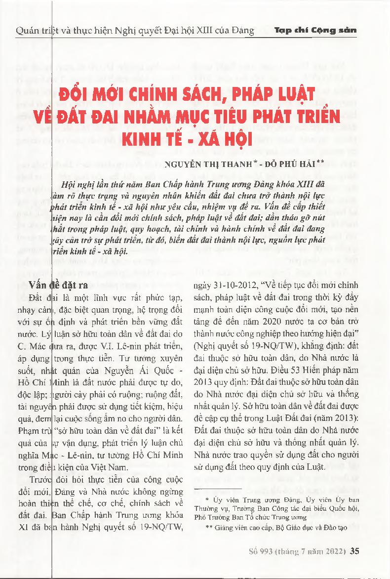 Đổi mới chính sách, pháp luật về đất đai nhằm mục tiêu phát triển kinh tế - xã hội = Renovating policies and laws on land for the purpose of socio-economic development