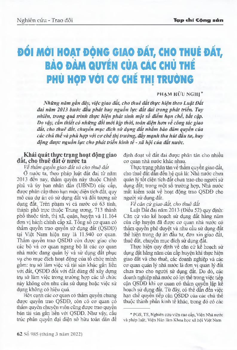 Đổi mới hoạt động giao đất, cho thuê đất, bảo đảm quyền của các chủ thể phù hợp với cơ chế thị trường = Innovating land allocation and land leasing activities, ensuring the rights of subjects in accordance with the market mechanism