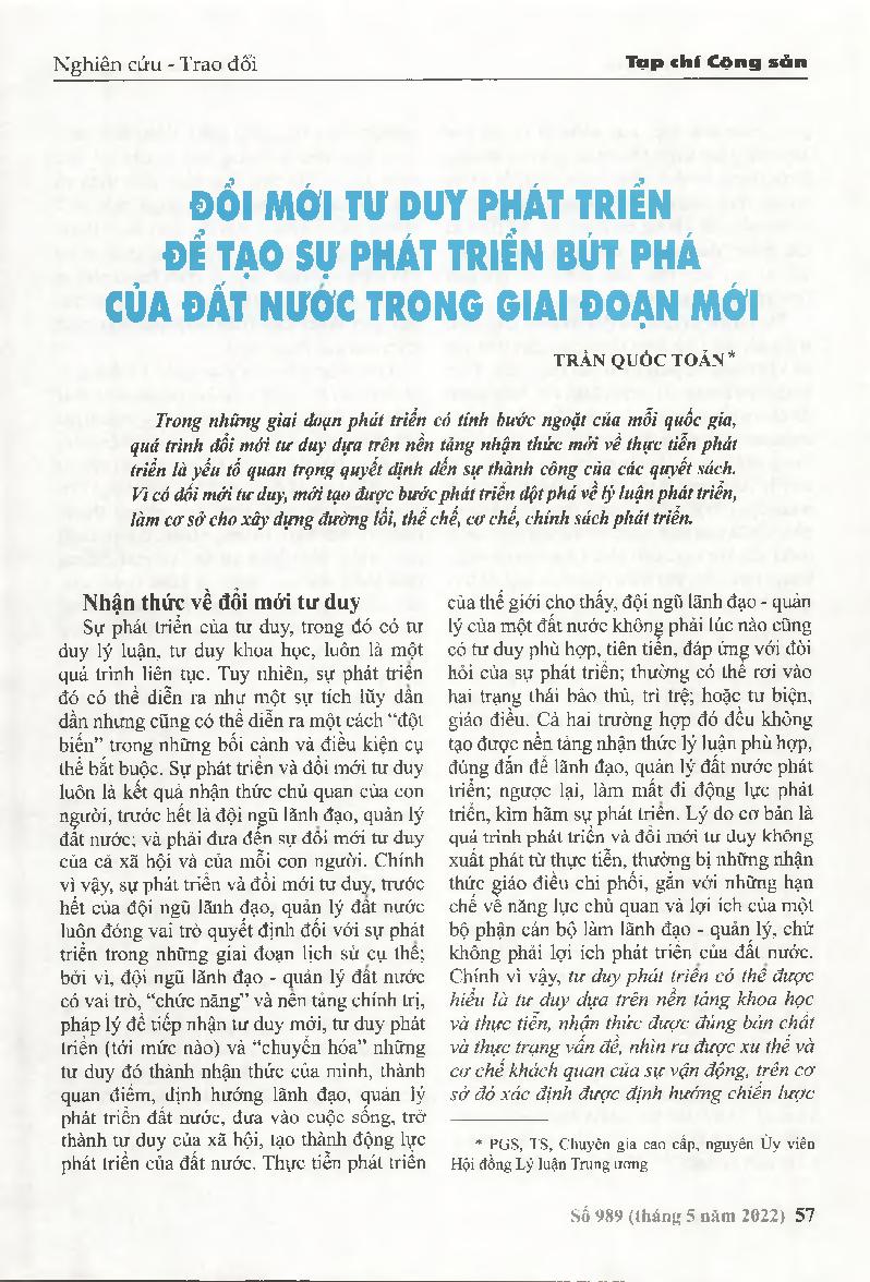 Đổi mới tư duy phát triển để tạo sự phát triển bứt phá của đất nước trong giai đoạn mới = Innovating development thinking to create a breakthrough development of the country in the new period