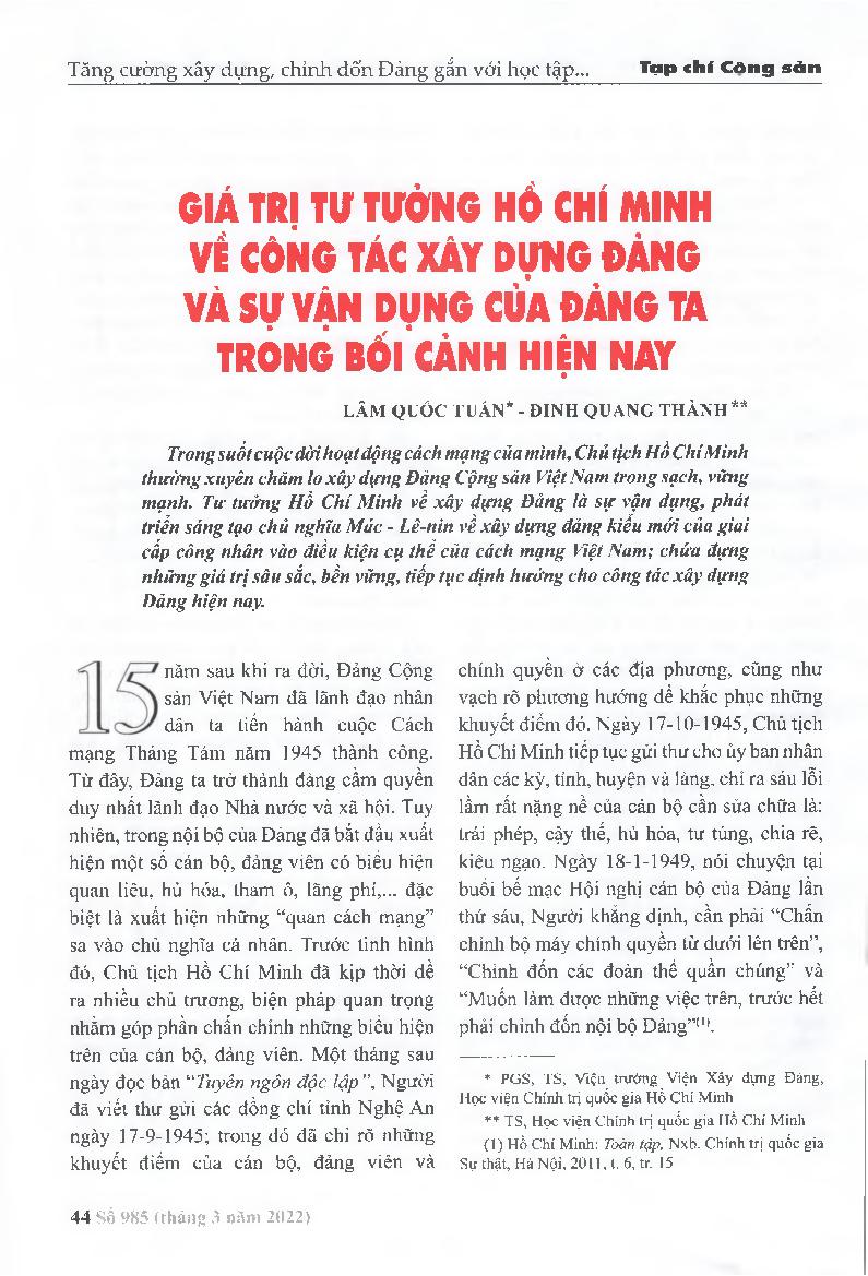 Giá trị tư tưởng Hồ Chí Minh về công tác xây dựng Đảng và sự vận dụng của Đảng ta trong bối cảnh hiện nay = The value of Ho Chi Minh's thought on Party building work and its application in the current context