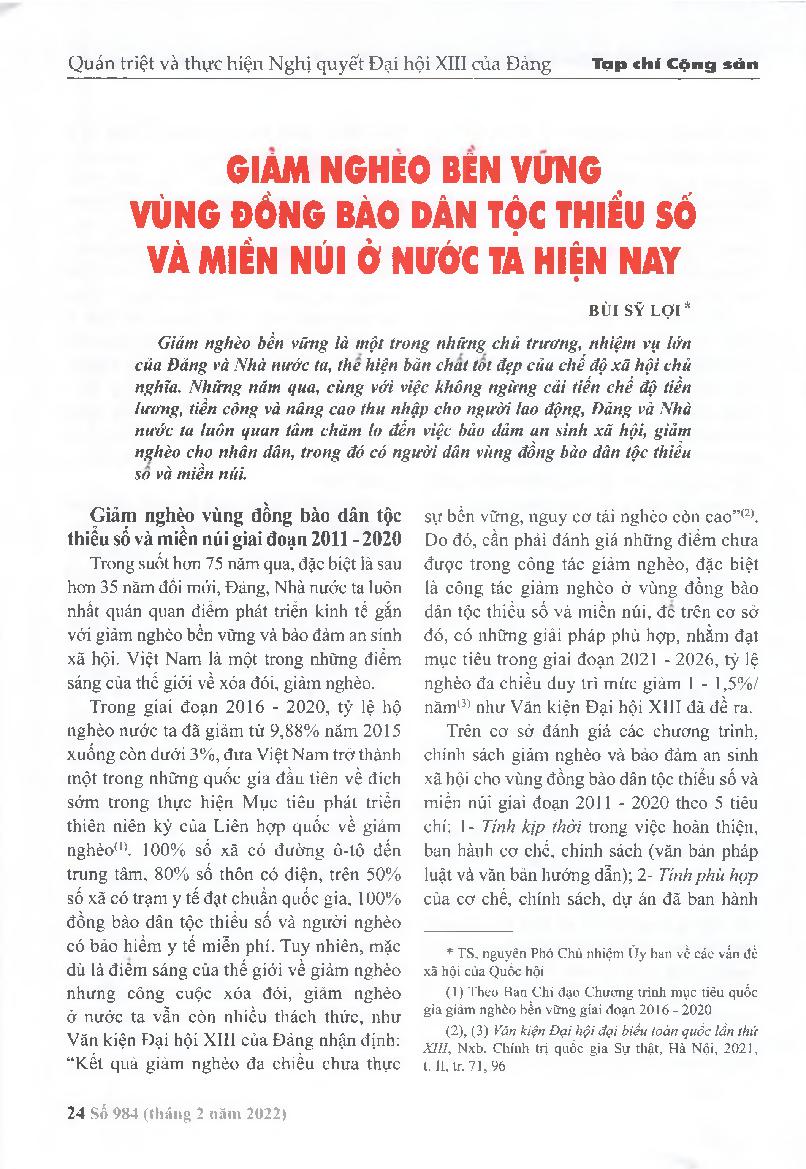 Giảm nghèo bền vững vùng đồng bào dân tộc thiểu số và miền núi ở nước ta hiện nay = Sustainable poverty reduction in ethnic minority and mountainous areas in our country today