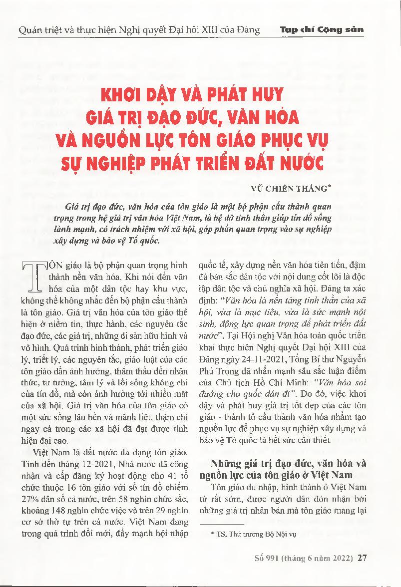 Khơi dậy và phát huy giá trị đạo đức, văn hóa và nguồn lực tôn giáo phục vụ sự nghiệp phát triển đất nước = Arousing and promoting ethical values, culture and religious resources to serve the cause of national development