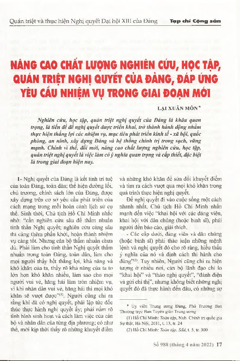 Nâng cao chất lượng nghiên cứu, học tập, quán triệt nghị quyết của Đảng, đáp ứng yêu cầu nhiệm vụ trong giai đoạn mới = Improve the quality of research and study, grasp the Party's resolutions, meet the requirements of tasks in the new period