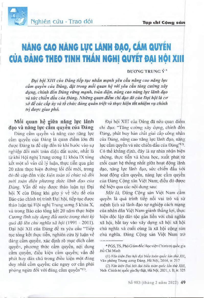 Nâng cao năng lực lãnh đạo, cầm quyền của Đảng theo tinh thần Nghị quyết Đại hội XIII = Enhancing the Party's leadership and ruling capacity in the spirit of the Resolution of the XIII Congress