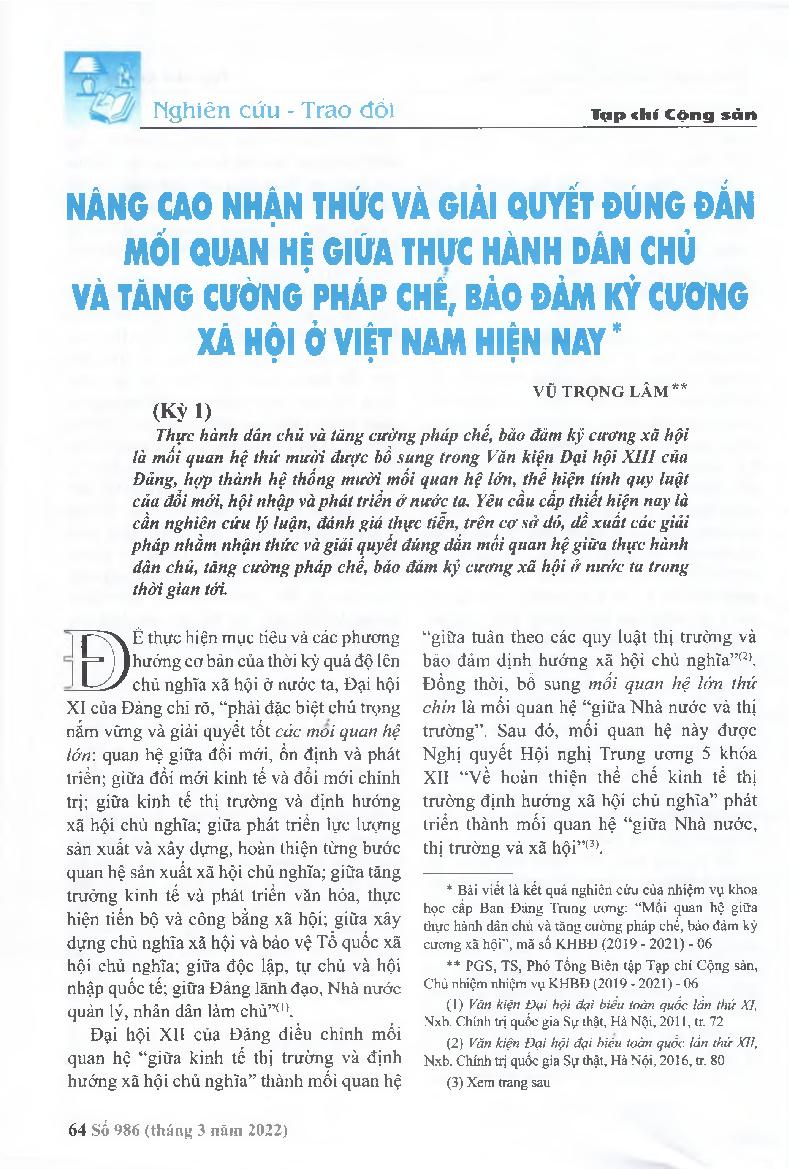 Nâng cao nhận thức và giải quyết đúng đắn mối quan hệ giữa thực hành dân chủ và tăng cường pháp chế, bảo đảm kỷ cương xã hội ở Việt Nam hiện nay (Kỳ 1) = Raising awareness and properly resolving the relationship between democratic practice and strengtheni