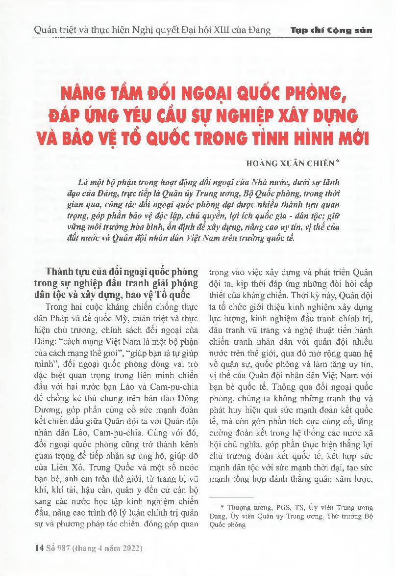 Nâng tầm đối ngoại quốc phòng, đáp ứng yêu cầu sự nghiệp xây dựng và bảo vệ Tổ quốc trong tình hình mới = Raise the level of defense diplomacy, meet the requirements of the cause of national construction and defense in the new situation