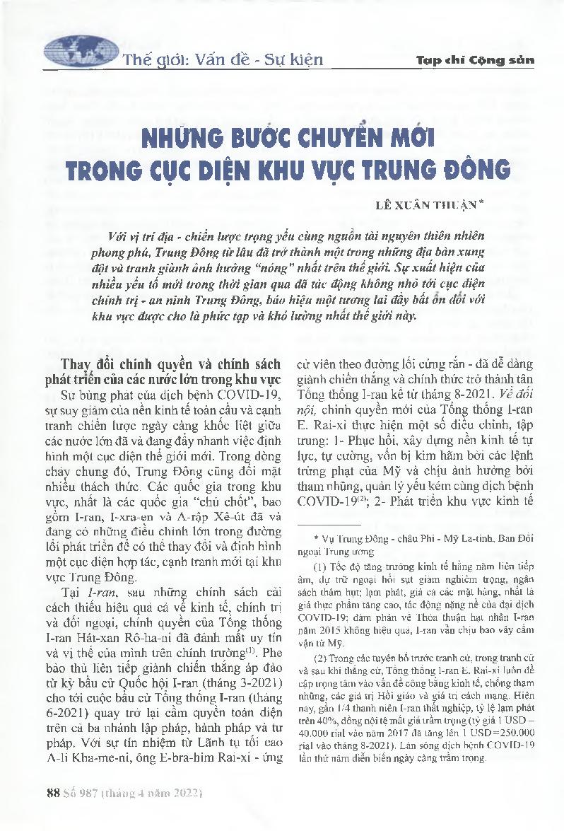 Những bước chuyển mới trong cục diện khu vực Trung Đông = New steps in the situation in the Middle East region