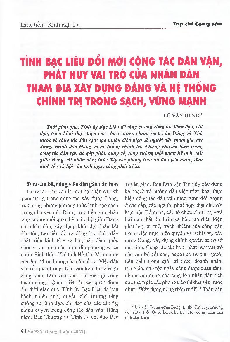 Tỉnh Bạc Liêu đổi mới công tác dân vận, phát huy vai trò của nhân dân tham gia xây dựng Đảng và hệ thống chính trị trong sạch, vững mạnh = Bac Lieu province renovates mass mobilization work, bringing into play the role of the people in building a clean an