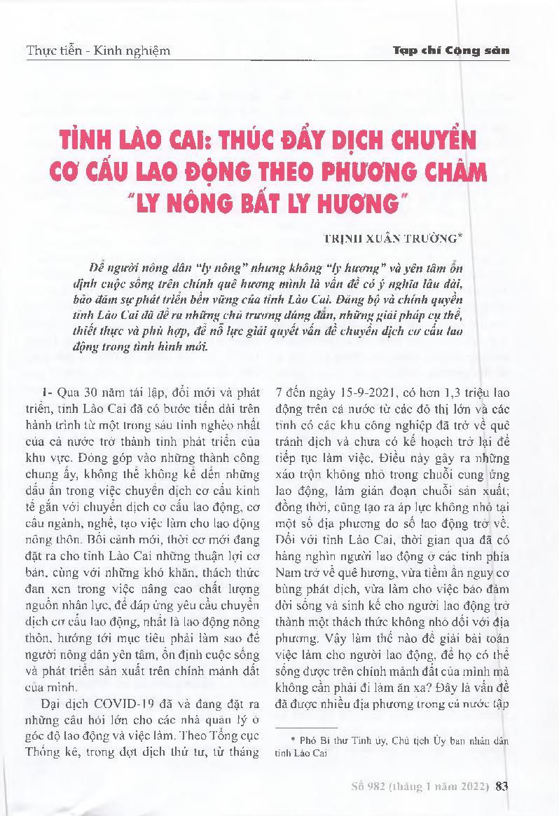 Tỉnh Lào Cai: Thúc đẩy dịch chuyển cơ cấu lao động theo phương châm “ly nông bất ly hương” = Lao Cai province: Promote labor restructuring under the motto "separation of agriculture, no separation of homeland"