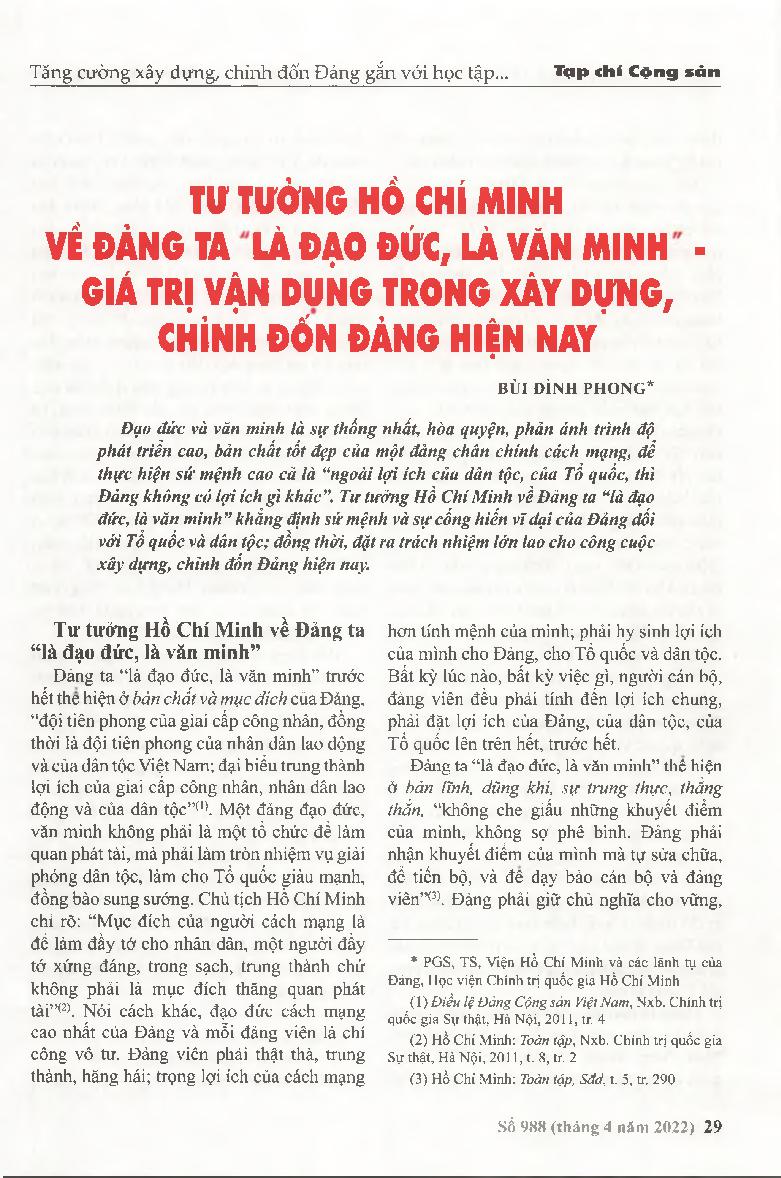Tư tưởng Hồ Chí Minh về Đảng ta “là đạo đức, là văn minh” - Giá trị vận dụng trong xây dựng, chỉnh đốn Đảng hiện nay = Ho Chi Minh's thought about our Party "is moral, is civilized" - Value applied in building and rectifying the Party today