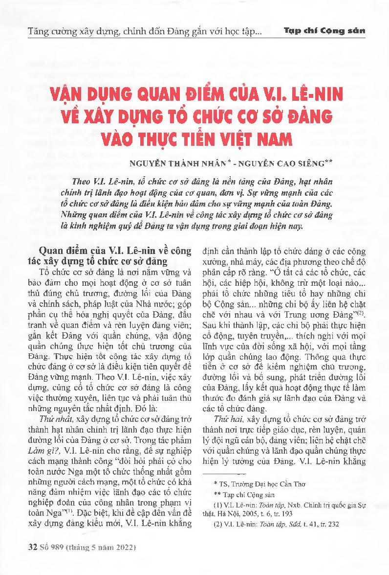 Vận dụng quan điểm của V.I. Lê-nin về xây dựng tổ chức cơ sở đảng vào thực tiễn Việt Nam = Applying the point of view of V.I. Lenin on building grassroots party organizations into practice in Vietnam