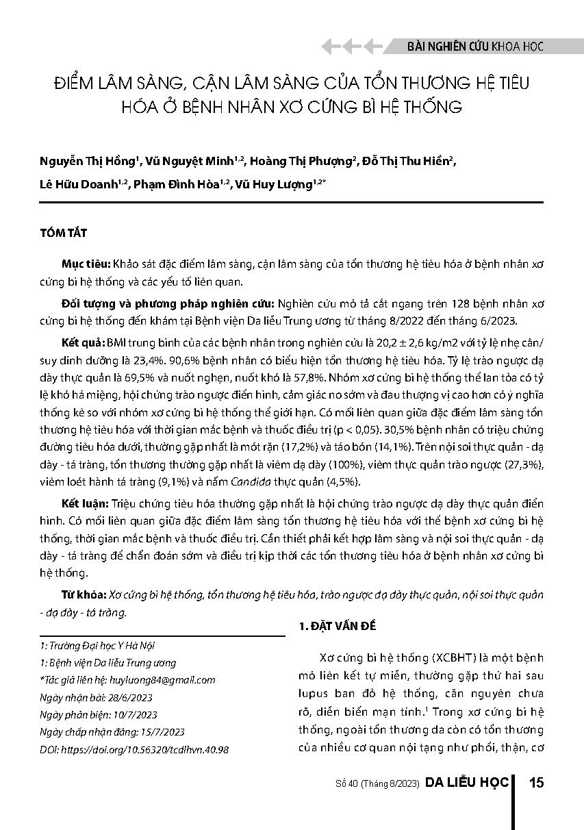 Điểm lâm sàng, cận lâm sàng của tổn thương hệ tiêu hóa ở bệnh nhân xơ cứng bì hệ thống = Clinical, subclinical features of gastrointestinal involvement in patients with systemic sclerosis