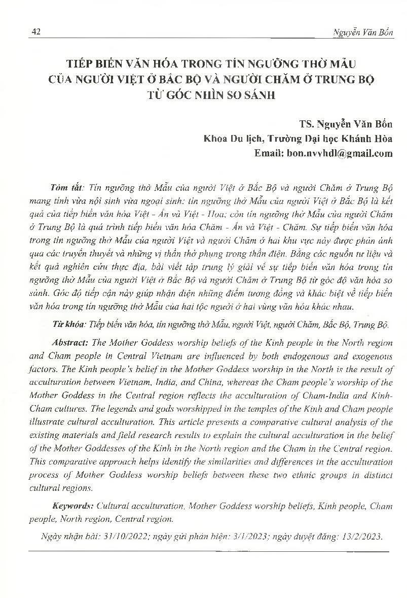 Tiếp biến văn hóa trong tín ngưỡng thờ Mẫu của người Việt ở Bắc Bộ và người Chăm ở Trung Bộ từ góc nhìn so sánh = Cultural Acculturation in Mother Goddess Worship of the Kinh in the North Region and the Cham in the Central Region from a Comparative Perspe