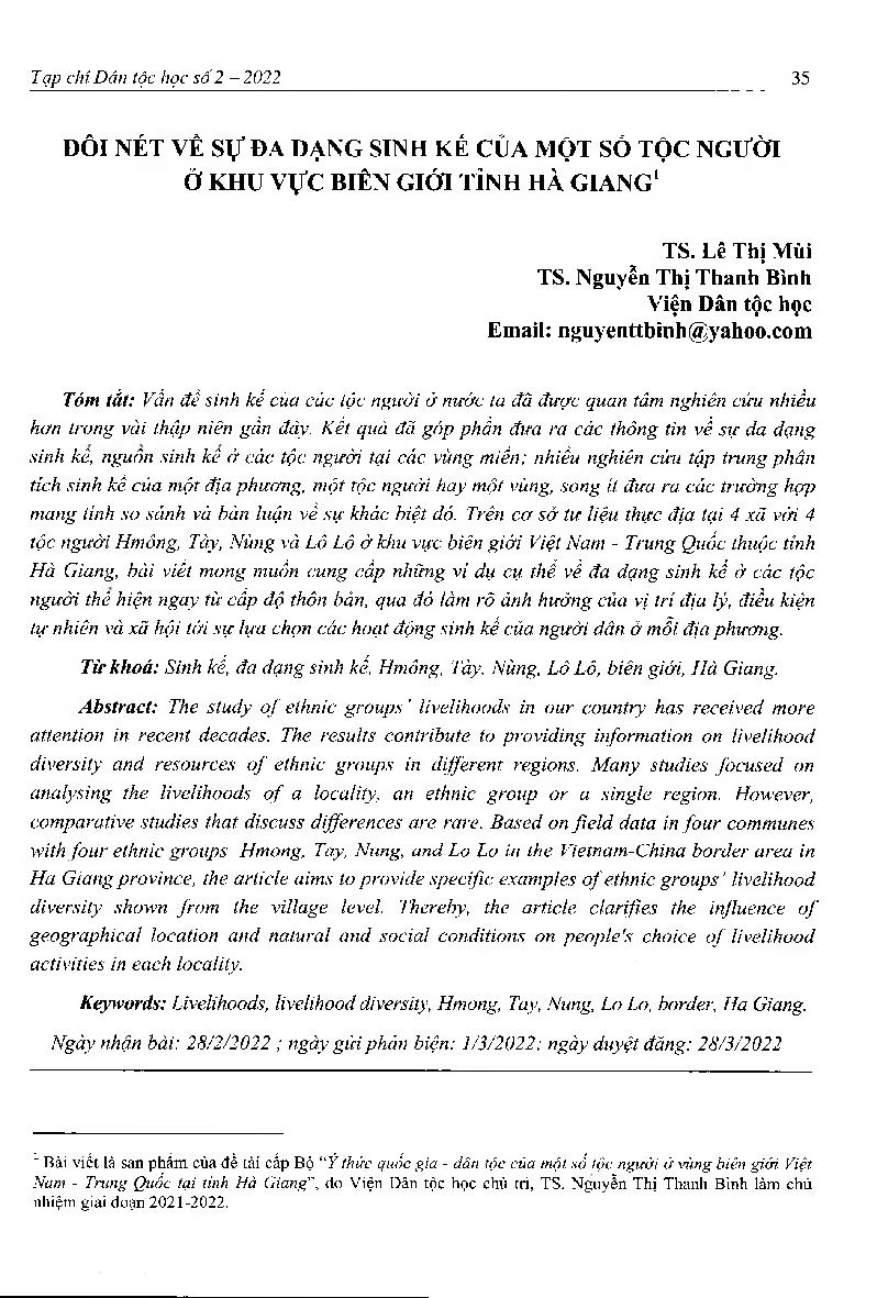 Đôi nét về sự đa dạng sinh kế của một số tộc người ở khu vực biên giới tỉnh Hà Giang = About the diversity of livelihoods of some ethnic groups in the border area of ​​Ha Giang province
