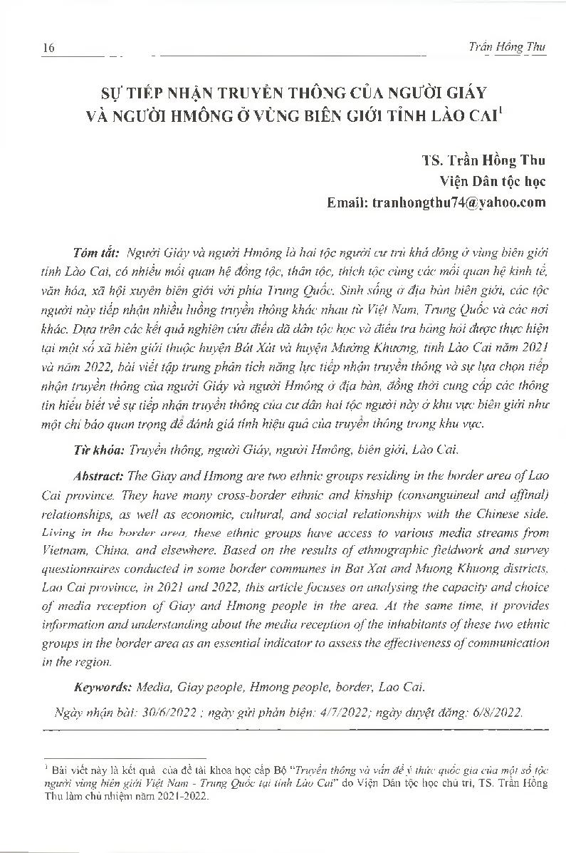 Sự tiếp nhận truyền thông của người Giáy và người Hmông ở vùng biên giới tỉnh Lào Cai = Media Reception of Giay and Hmong People in the Border Area of Lao Cai Province
