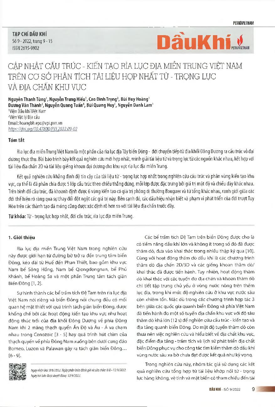 Cập nhật cấu trúc - kiến tạo rìa lục địa miền Trung Việt Nam trên cơ sở phân tích tài liệu hợp nhất từ - trọng lực và địa chấn khu vực = Structural - tectonic update of the Central Vietnam margin based on analysis of the merged gravity - magnetic and regi