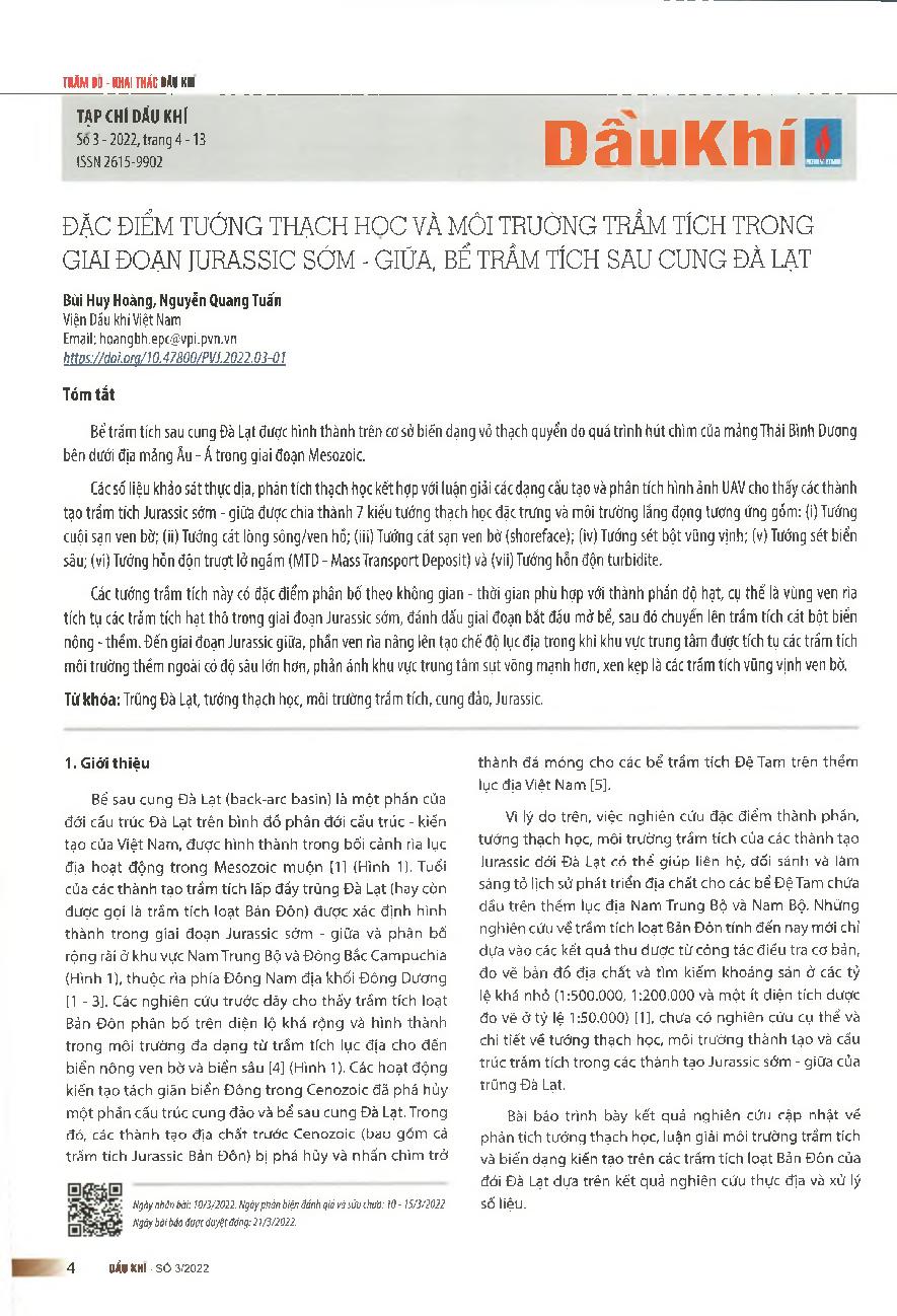 Đặc điểm tướng thạch học và môi trường trầm tích trong giai đoạn Jurassic sớm – giữa, bể trầm tích sau cung Đà Lạt = Early-middle jurassic lithological and depositional facies of the Da Lat back-arc basin