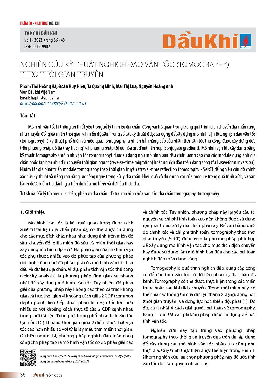 Nghiên cứu kỹ thuật nghịch đảo vận tốc (tomography) theo thời gian truyền = Some results of seismic travel-time reflection tomography study