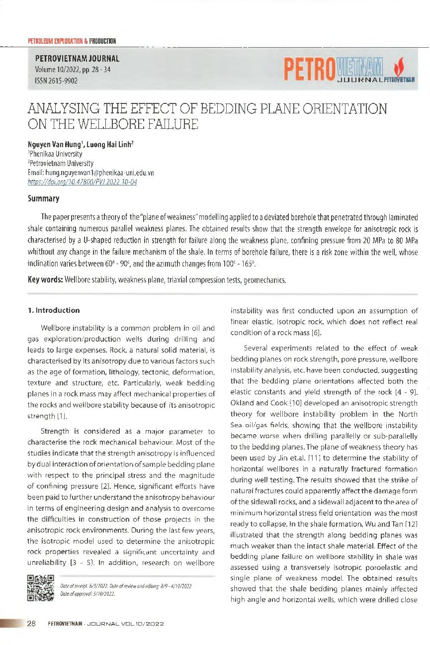 Phân tích ảnh hưởng của hướng mặt phẳng đệm đến sự phá hoại của giếng = Analysing the effect of bedding plane orientation on the wellbore failure