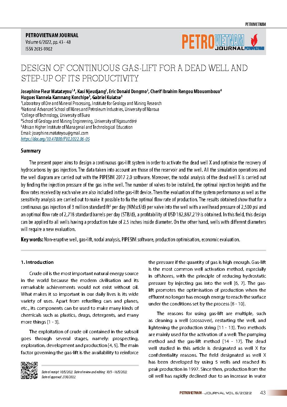Thiết kế khí nâng liên tục cho giếng chết và nâng cao năng suất của nó = Design of continuous gas-lift for a dead well and step-up of its productivity