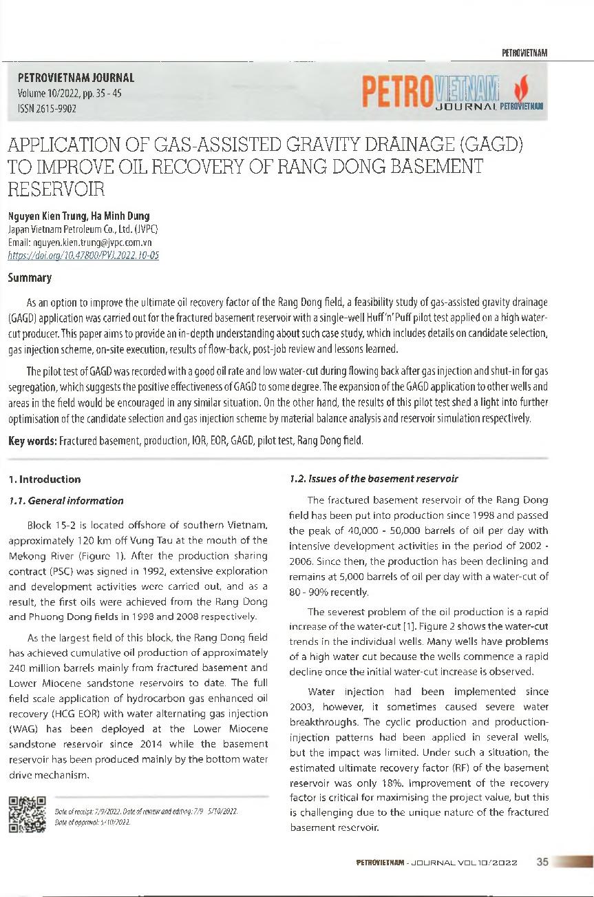 Ứng dụng thoát nước trọng lực hỗ trợ khí (GAGD) nâng cao khả năng thu hồi dầu tầng hầm Rạng Đông = Application of gas-assisted gravity drainage (GAGD) to improve oil recovery of Rang Dong basement reservoir