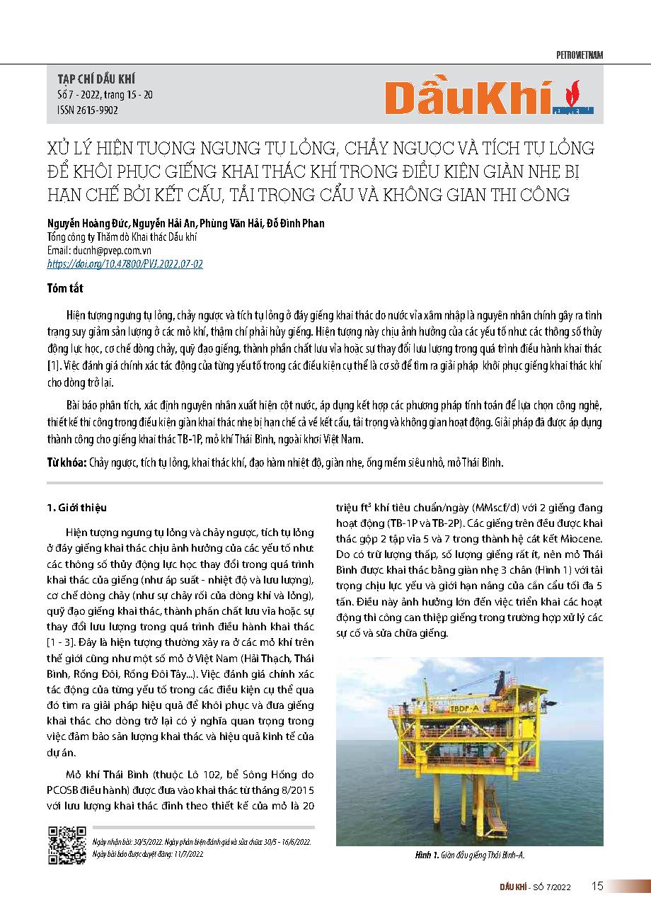 Xử lý hiện tượng ngưng tụ lỏng, chảy ngược và tích tụ lỏng để khôi phục giếng khai thác khí trong điều kiện giàn nhẹ bị hạn chế bởi kết cấu, tải trọng cẩu và không gian thi công = Solving liquid loading to restore gas well in a platform of limited conditi