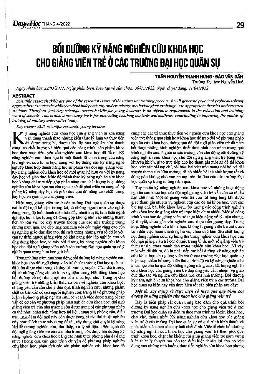 Bồi dưỡng kỹ năng nghiên cứu khoa học cho giảng viên trẻ ở các trường đại học quân sự = Fostering scientific research skills for young lecturers at military universities