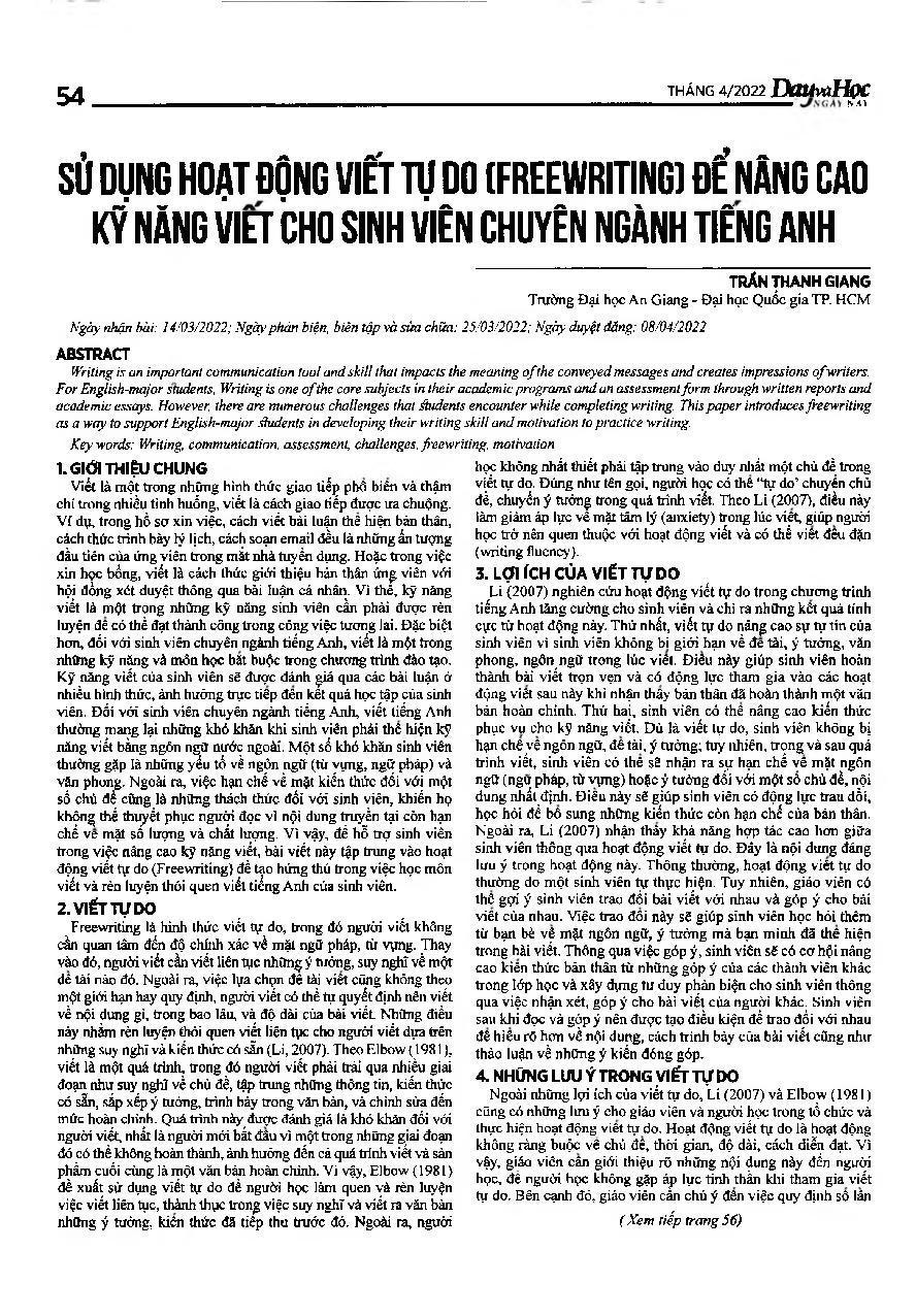 Sử dụng hoạt động viết tự do (Freewriting) để nâng cao kỹ năng viết cho sinh viên chuyên ngành tiếng Anh = Using Freewriting activities to improve writing skills for English-majored students