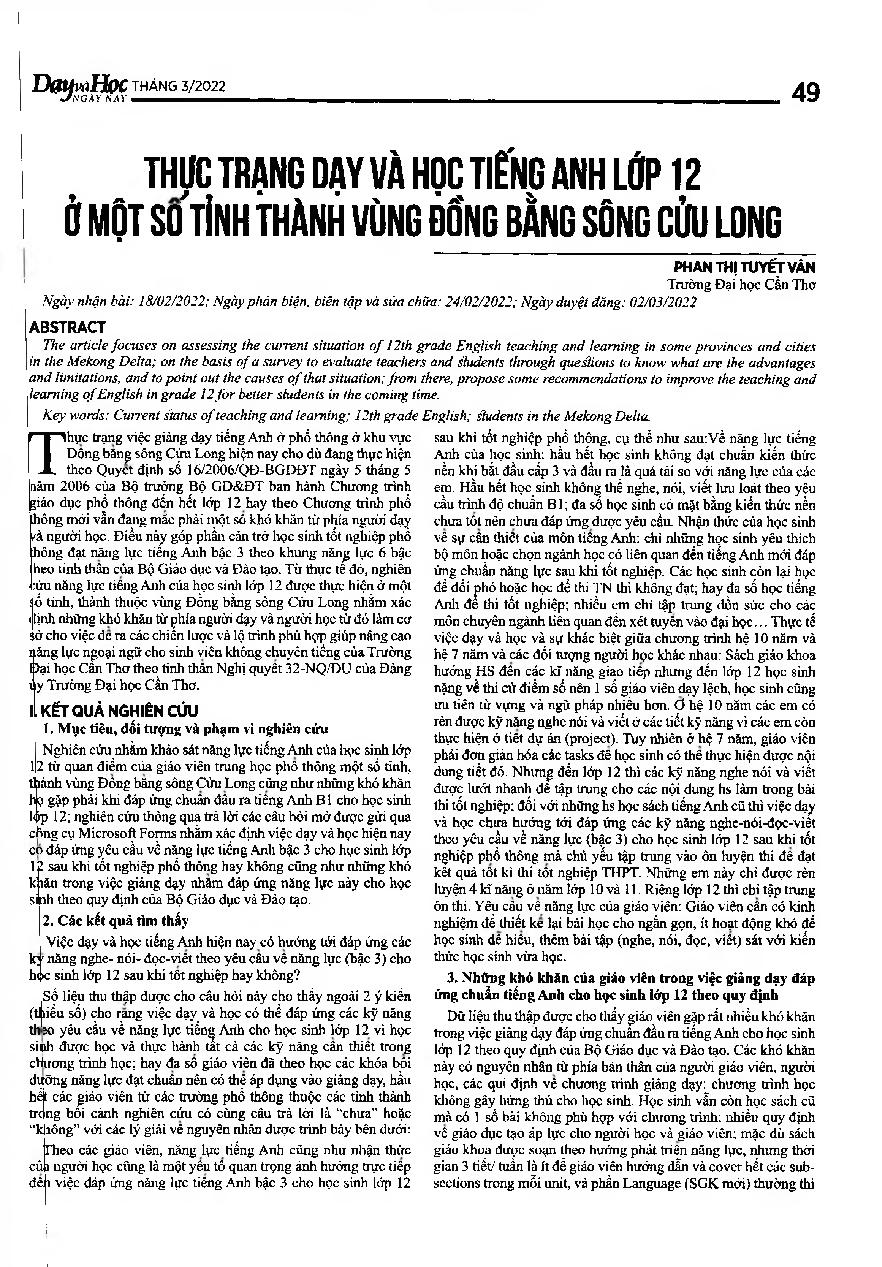 Thực trạng dạy và học tiếng Anh lớp 12 ờ một số tỉnh thành vùng Đồng bằng sông Cửu Long = The current situation of 12th grade English teaching and learning in some provinces and cities in the Mekong Delta