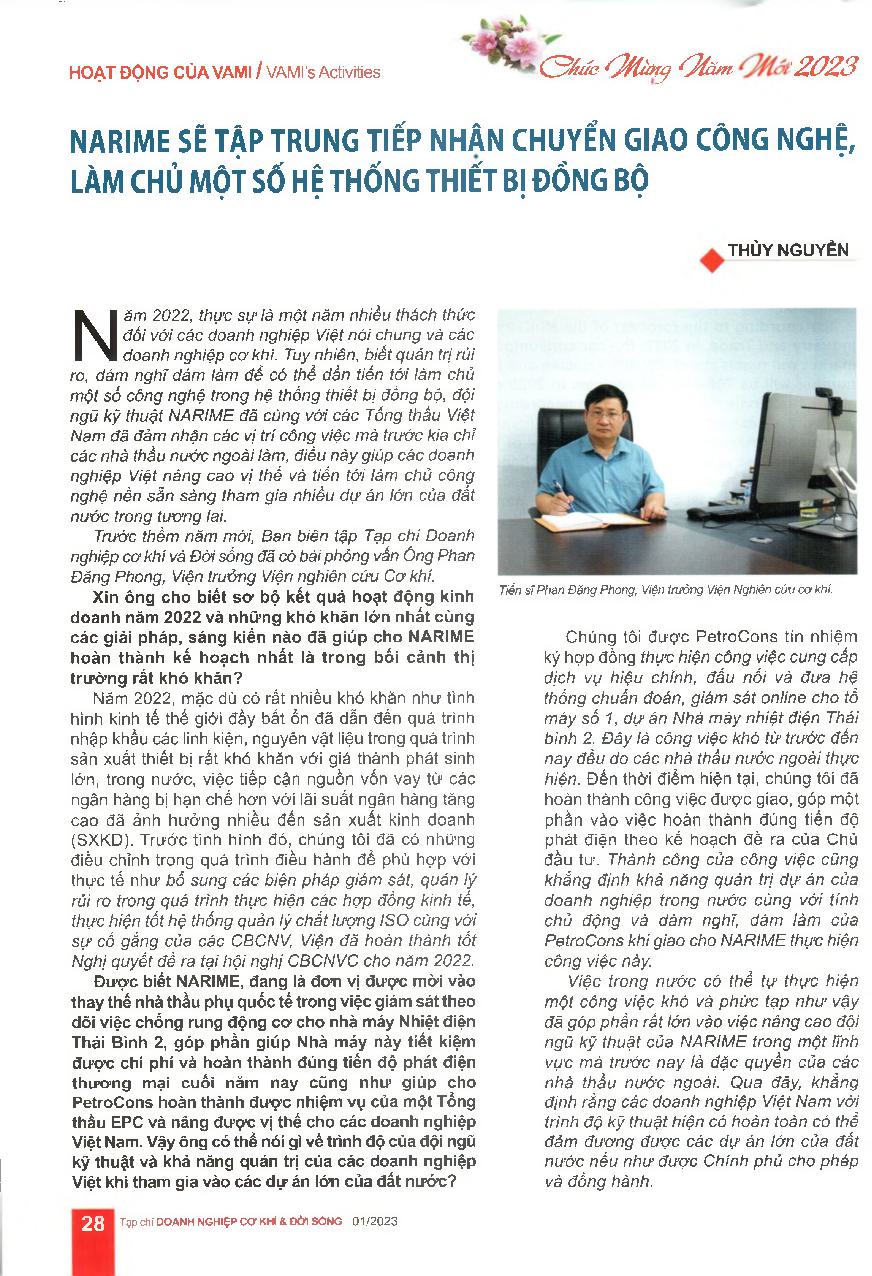 NARIME sẽ tập trung tiếp nhận chuyển giao công nghệ, làm chủ một số hệ thống thiết bị đồng bộ = NARIME to concentrate on receiving technology transfer and synchronization systems