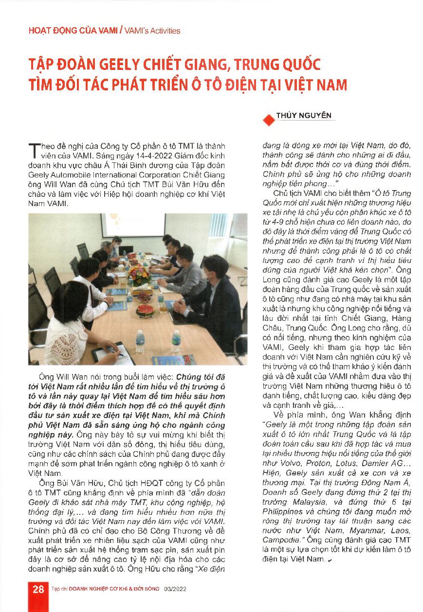 Tập đoàn Geely Chiết Giang, Trung Quốc tìm đối tác phát triển ô tô điện tại Việt Nam = China’s Zhejiang Geely Holding Group in search for a partner to develop ẻlectric vehicles in Vietnam