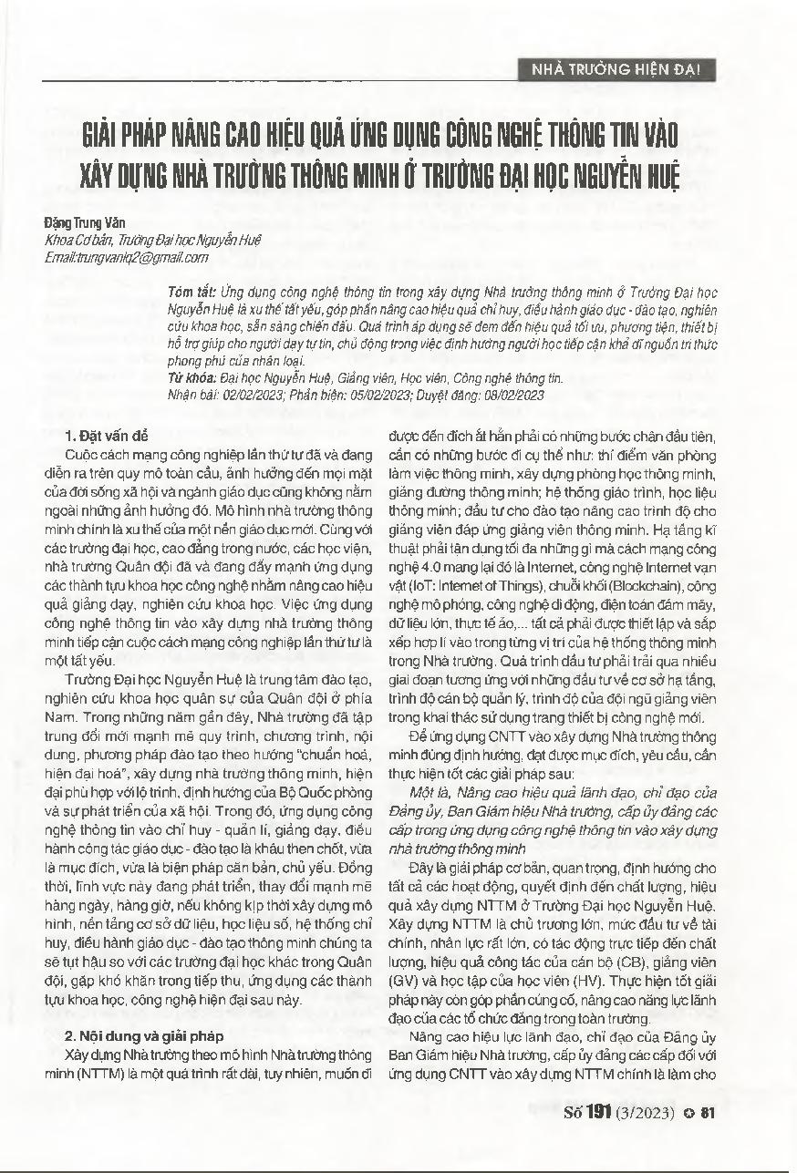 Giải pháp nâng cao hiệu quả ứng dụng công nghệ thông tin vào xây dựng nhà trường thông minh ở Trường Đại học Nguyễn Huệ = Solutions to improve the efficiency of information technology application in building a smart school at Nguyen Hue University