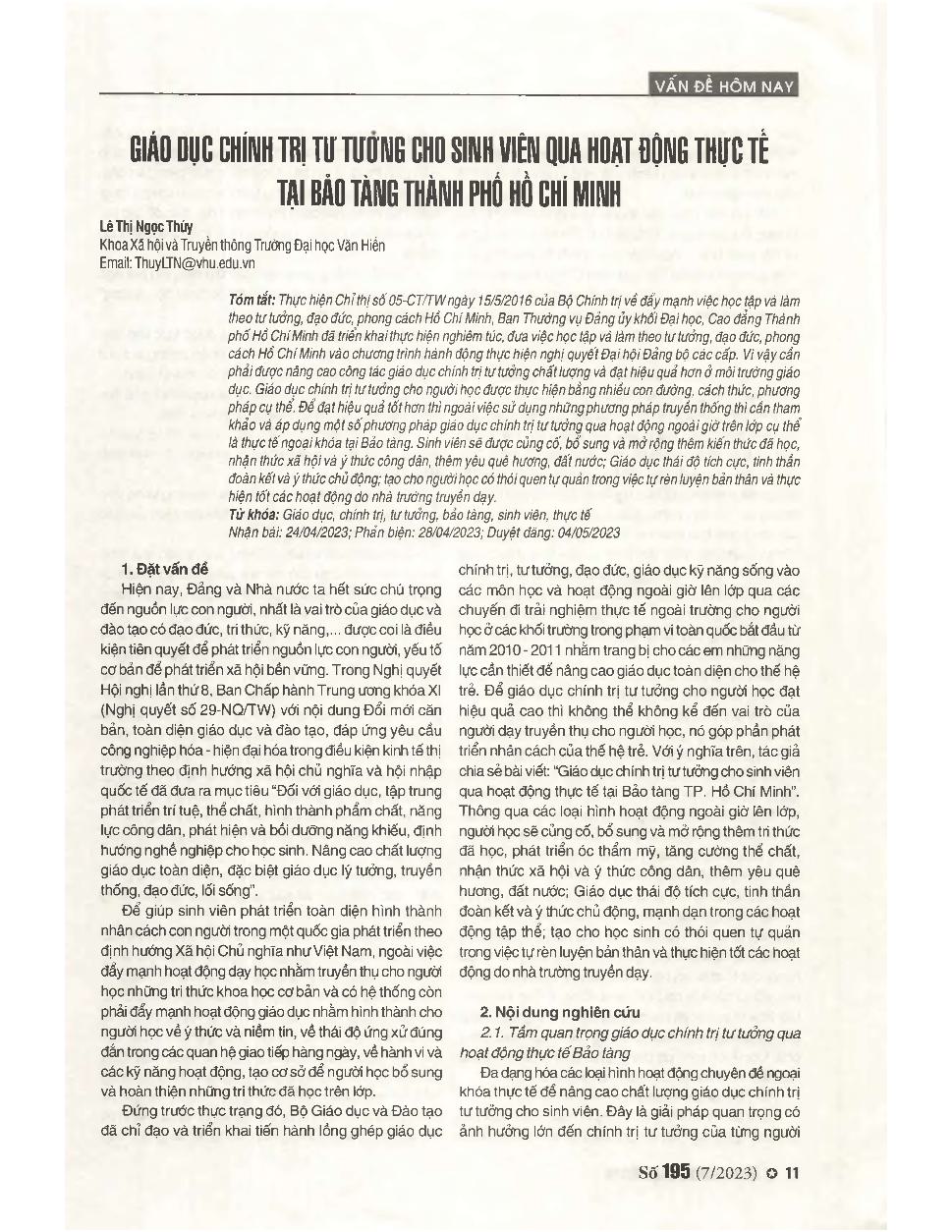 Giáo dục chính trị tư tưởng cho sinh viên qua hoạt động thực tế tại bảo tàng thành phố Hồ Chí Minh