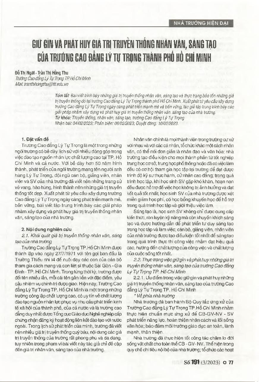 Giữ gìn và phát huy giá trị truyền thống nhân văn, sáng tạo của Trường Cao đẳng Lý Tự Trọng TP. Hồ Chí Minh = Preserving and promoting the traditional values of humanity and creativity of Ly Tu Trong College in Ho Chi Minh City