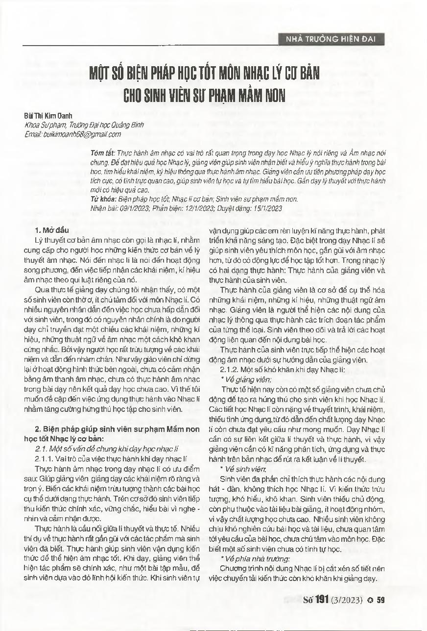 Một số biện pháp học tốt môn nhạc lý cơ bản cho sinh viên sư phạm mầm non = Some measures to learn well basic music theory for preschool pedagogical students