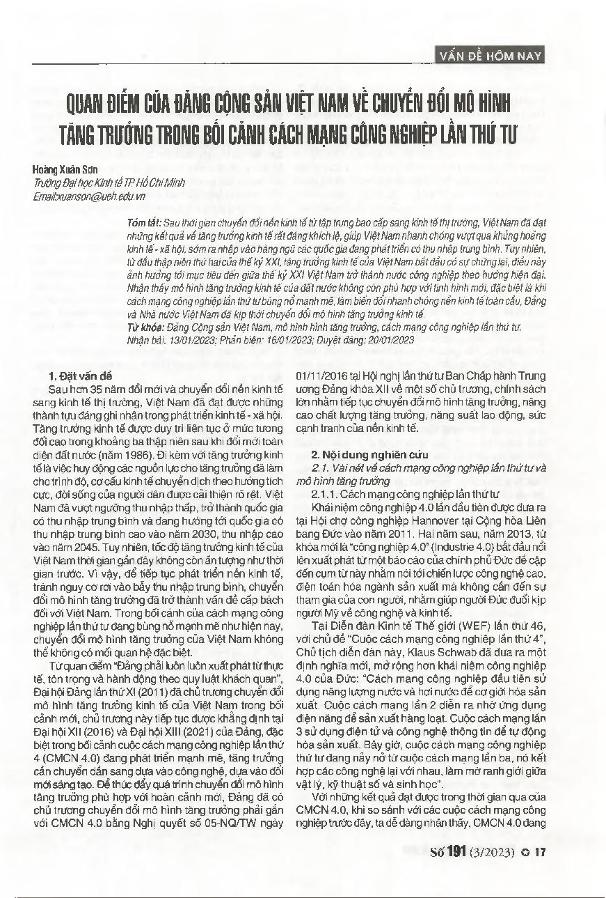 Quan điểm của Đảng Cộng sản Việt Nam về chuyến đổi mô hình tăng trưởng trong bối cảnh Cách mạng công nghiệp lần thứ tư = The view of the Communist Party of Vietnam on transforming growth models in the context of the fourth industrial revolution