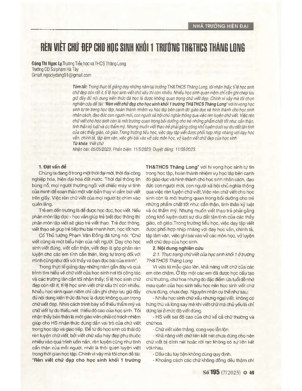 Rèn viết chữ đẹp cho học sinh khối 11 trường Tiểu học và Trung học cơ sở Thăng Long