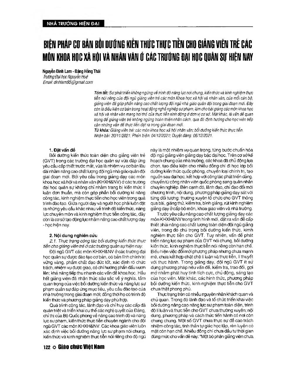 Biện pháp cơ bản bồi dưỡng kiến thức thực tiễn cho giảng viên trẻ các môn Khoa học xã hội và nhân văn ở các trường Đại học quân sự hiện nay = Basic measures to foster practical knowledge for young lecturers of social sciences and humanities at military un