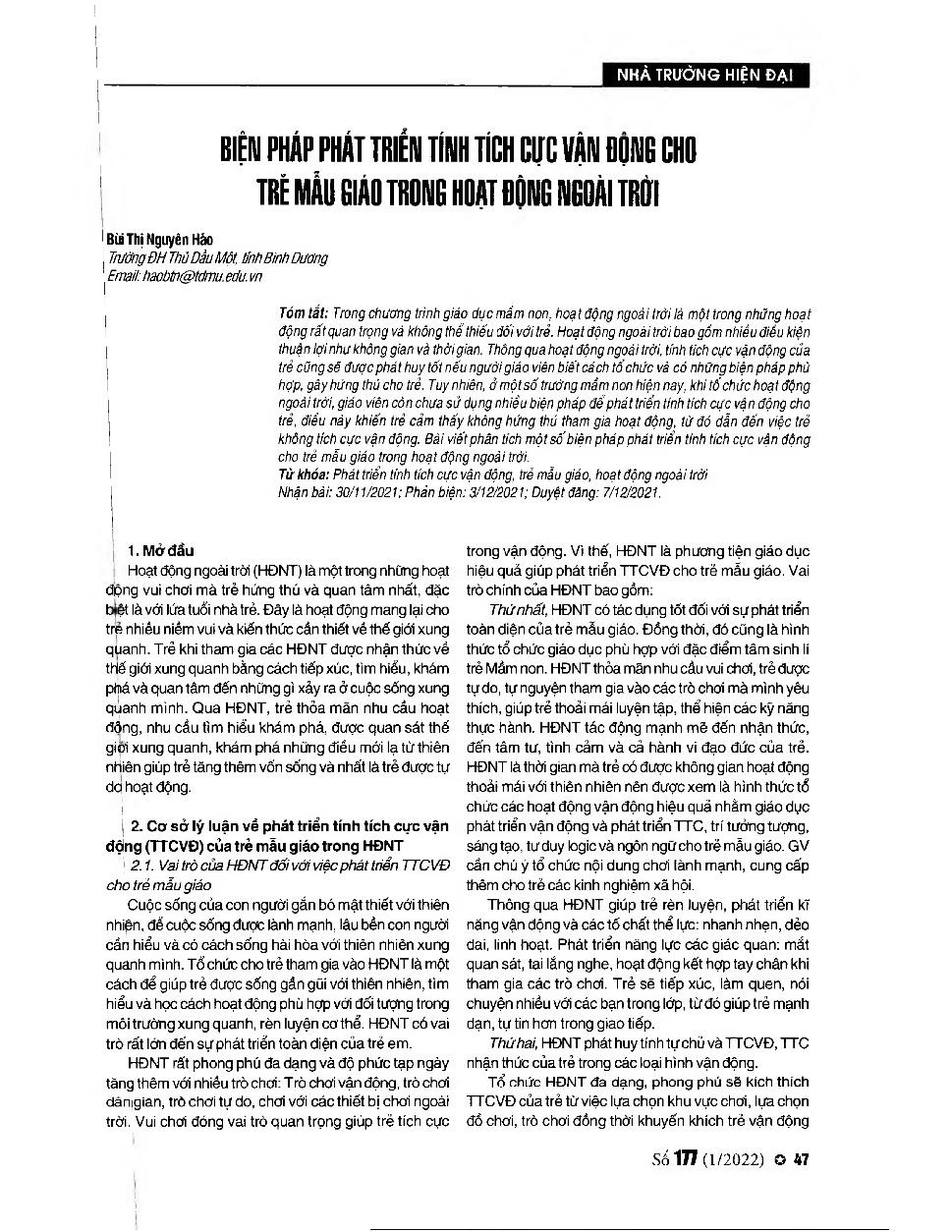 Biện pháp phát triển tính tích cực vận động cho trẻ mẫu giáo trong hoạt động ngoài trời = Measures to develop active movement for preschool children in outdoor activities