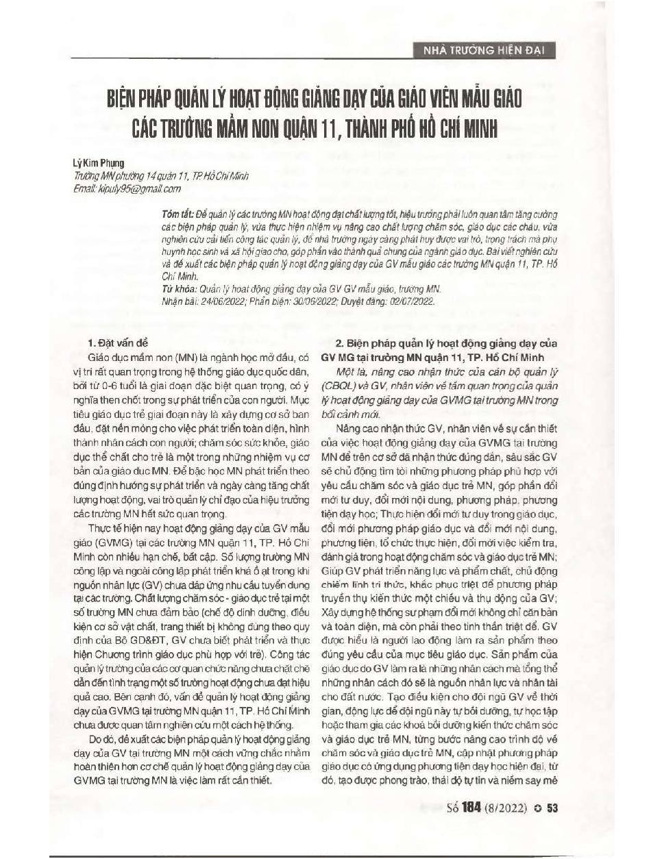 Biện pháp quản lý hoạt động giảng dạy của giáo viên mẫu giáo các trường mầm non quận 11, thành phố Hồ Chí Minh