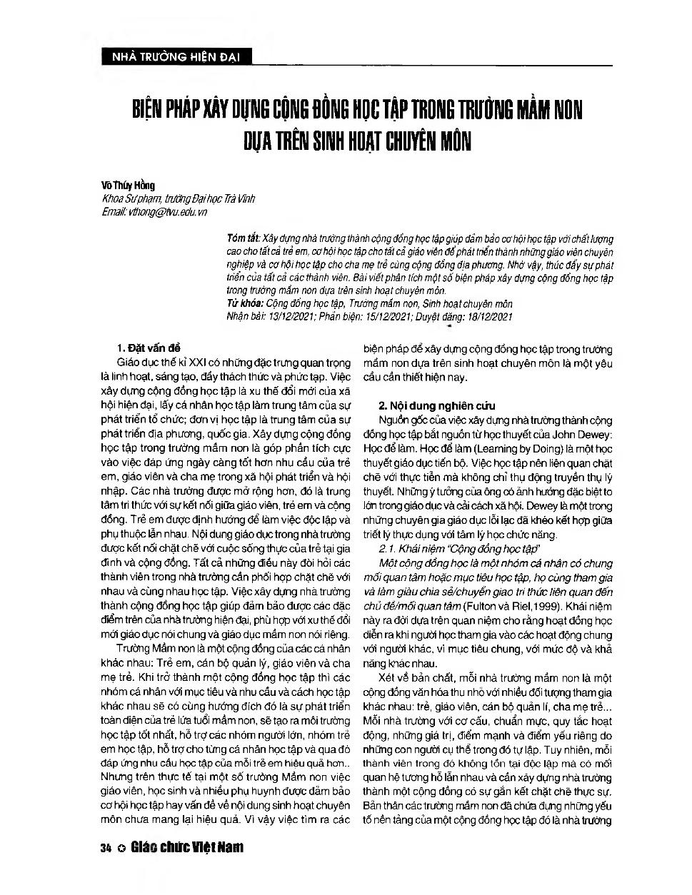 Biện pháp xây dựng cộng đồng học tập trong trường mầm non dựa trên sinh hoạt chuyên môn = Measures to build a learning community in preschool based on professional activities