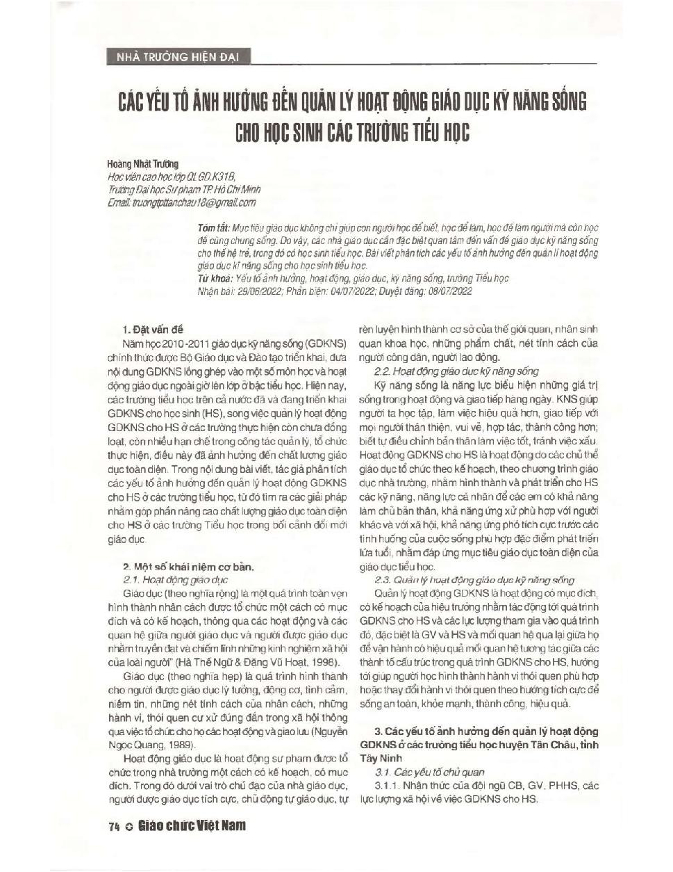 Các yếu tố ảnh hưởng đến quản lya hoạt động giáo dục kỹ năng sông cho học sinh các trường tiểu học
