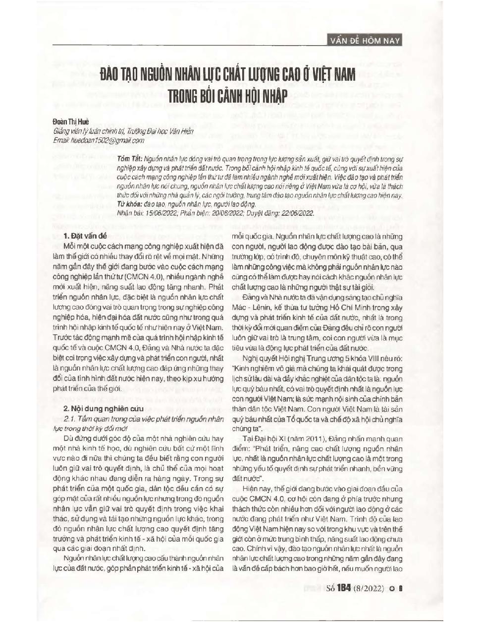 Đào tạo nguồn nhân lực chất lượng cao ở Việt Nam trong bối cảnh hội nhập