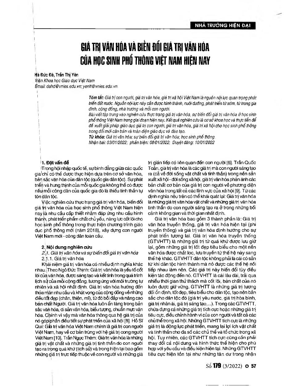 Giá trị văn hóa và biến đổi giá trị văn hóa của học sinh phổ thông Việt Nam hiện nay = Cultural values and cultural values change of Vietnamese high school students today