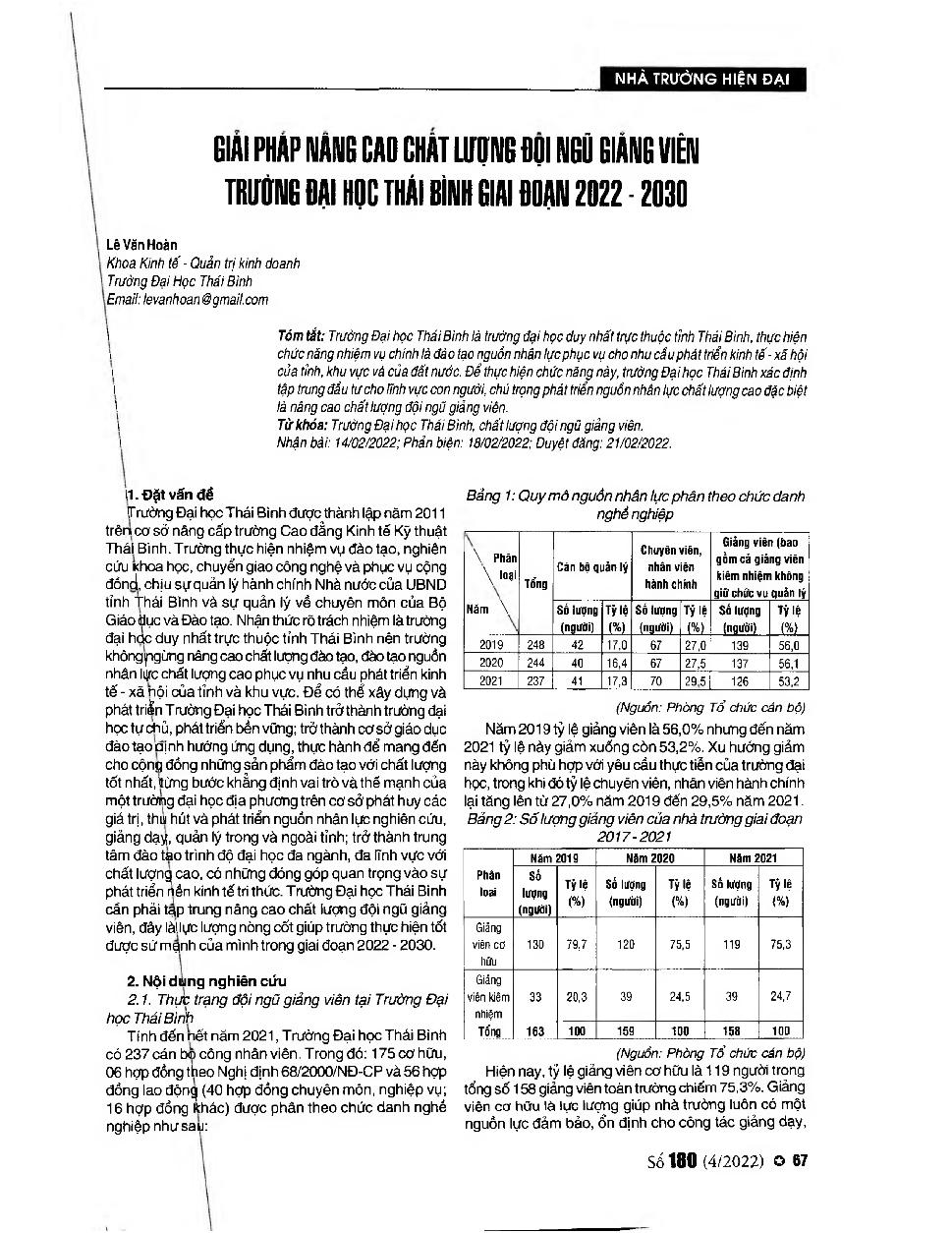 Giải pháp nâng cao chất lương đội ngũ giảng viên Trương Đại học Thái Bình giai đoạn 2022-2030 = Solutions to improve the quality of lecturers at Thai Binh University in the period of 2022-2030